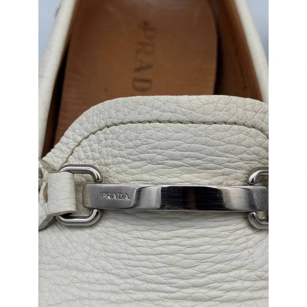 Authentic Prada White Pebbled Leather Driving Loafers Moccasins Men's UK 7 US8